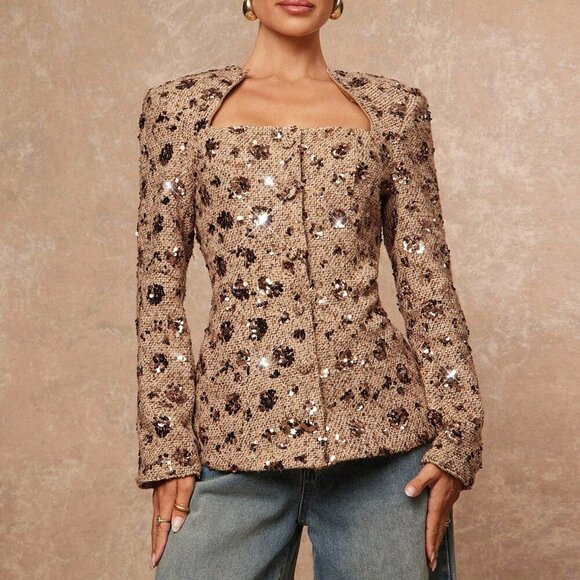 Khaki Elegant Women's Sequin Embroidered Hollow Out Cinched Tweed Blazer - Picture 1 of 8